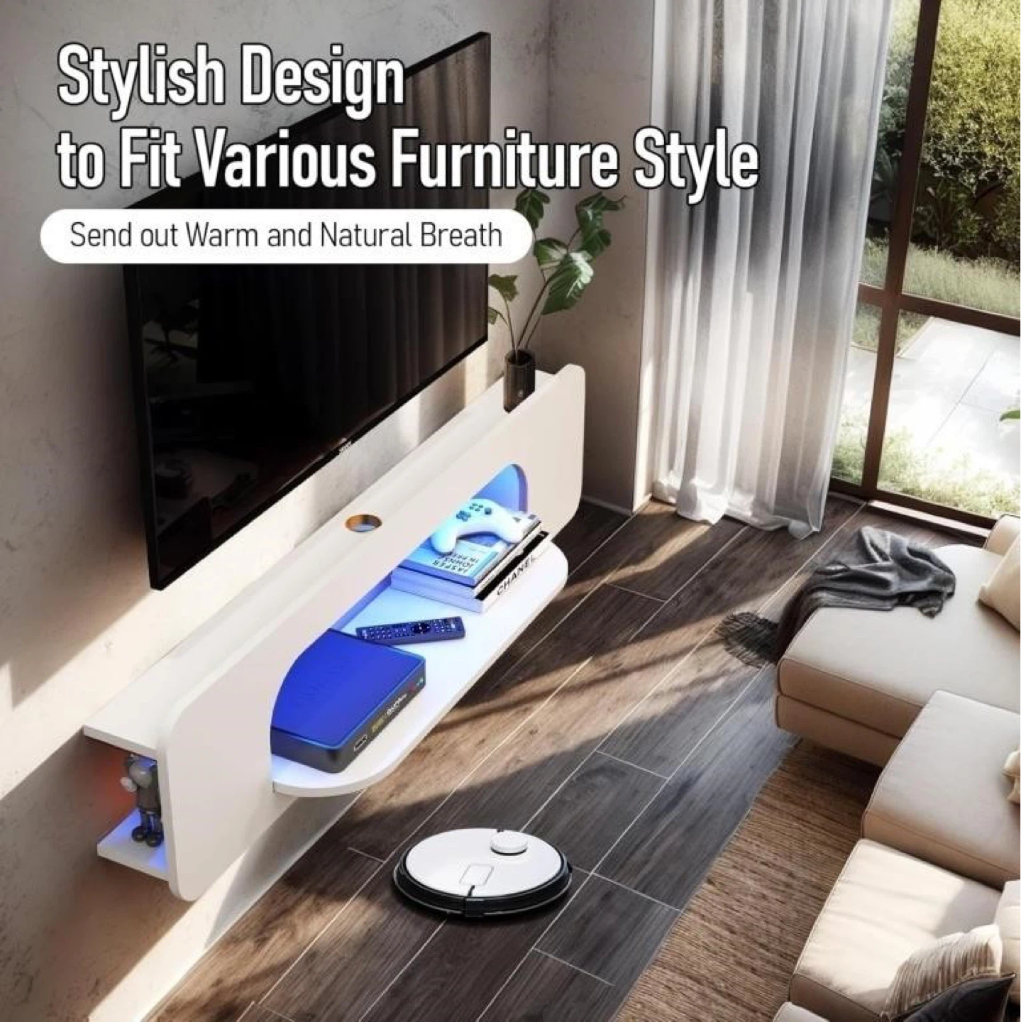 White Wall-Mounted TV Stand with LED Lights - photo 3