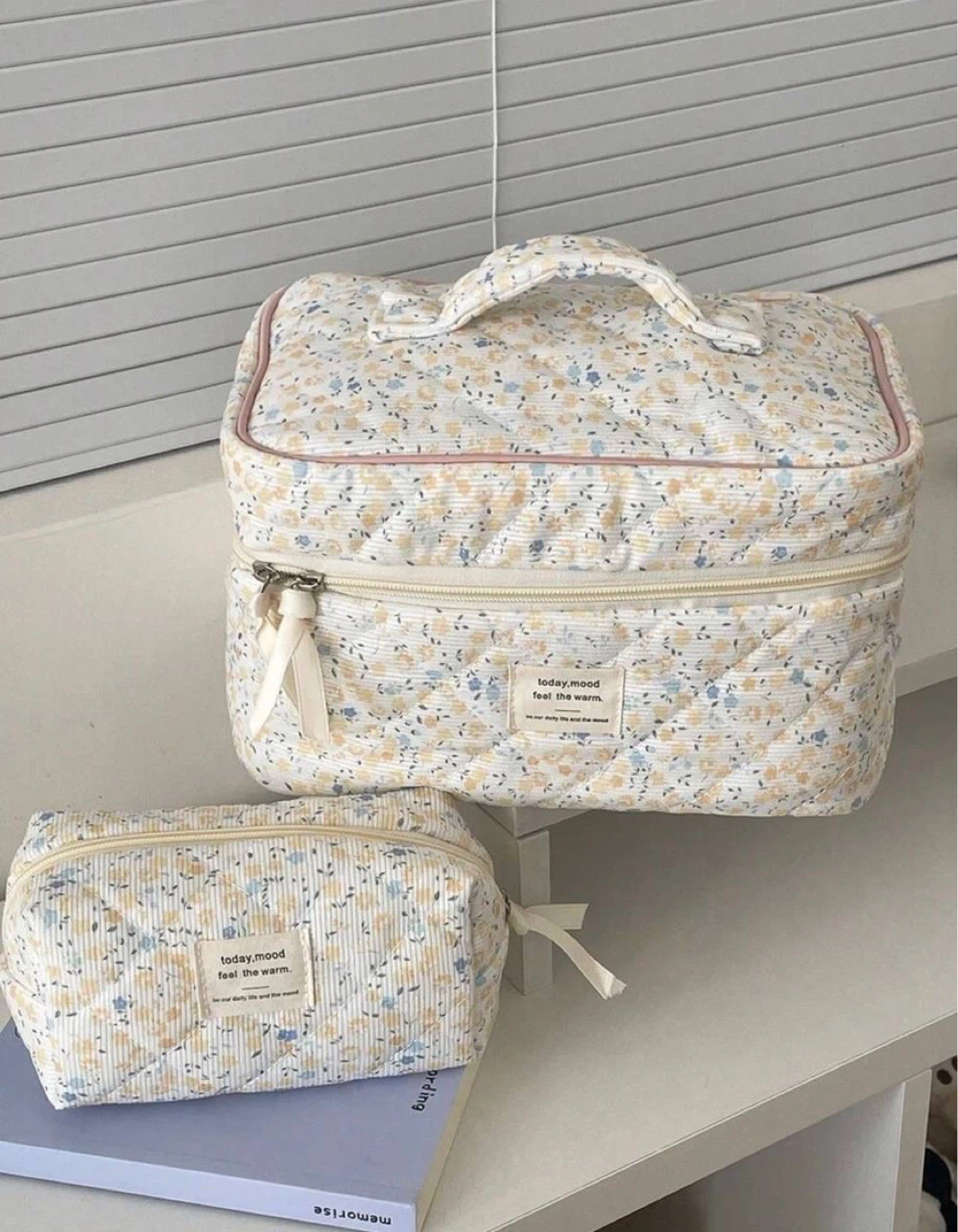 Floral Quilted Makeup Bag Set (Large + Small)