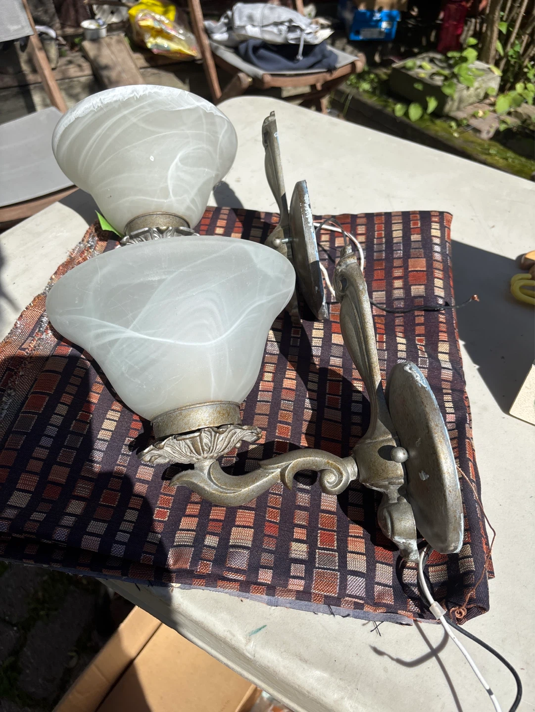 Pair of Wall Sconces with White Swirl Glass Shades