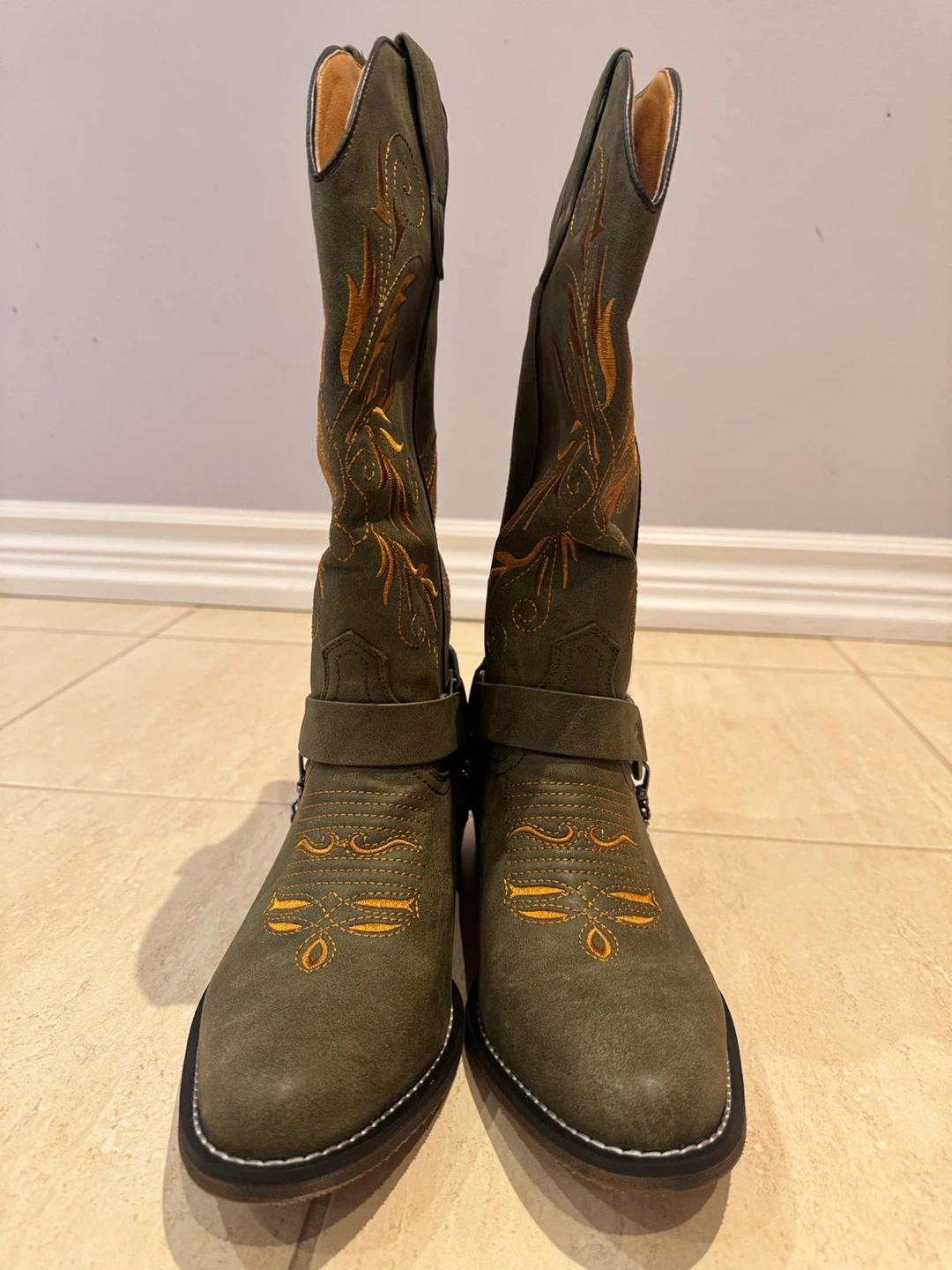 Women's Cowboy Boots - Green Suede with Orange Stitching - photo 4