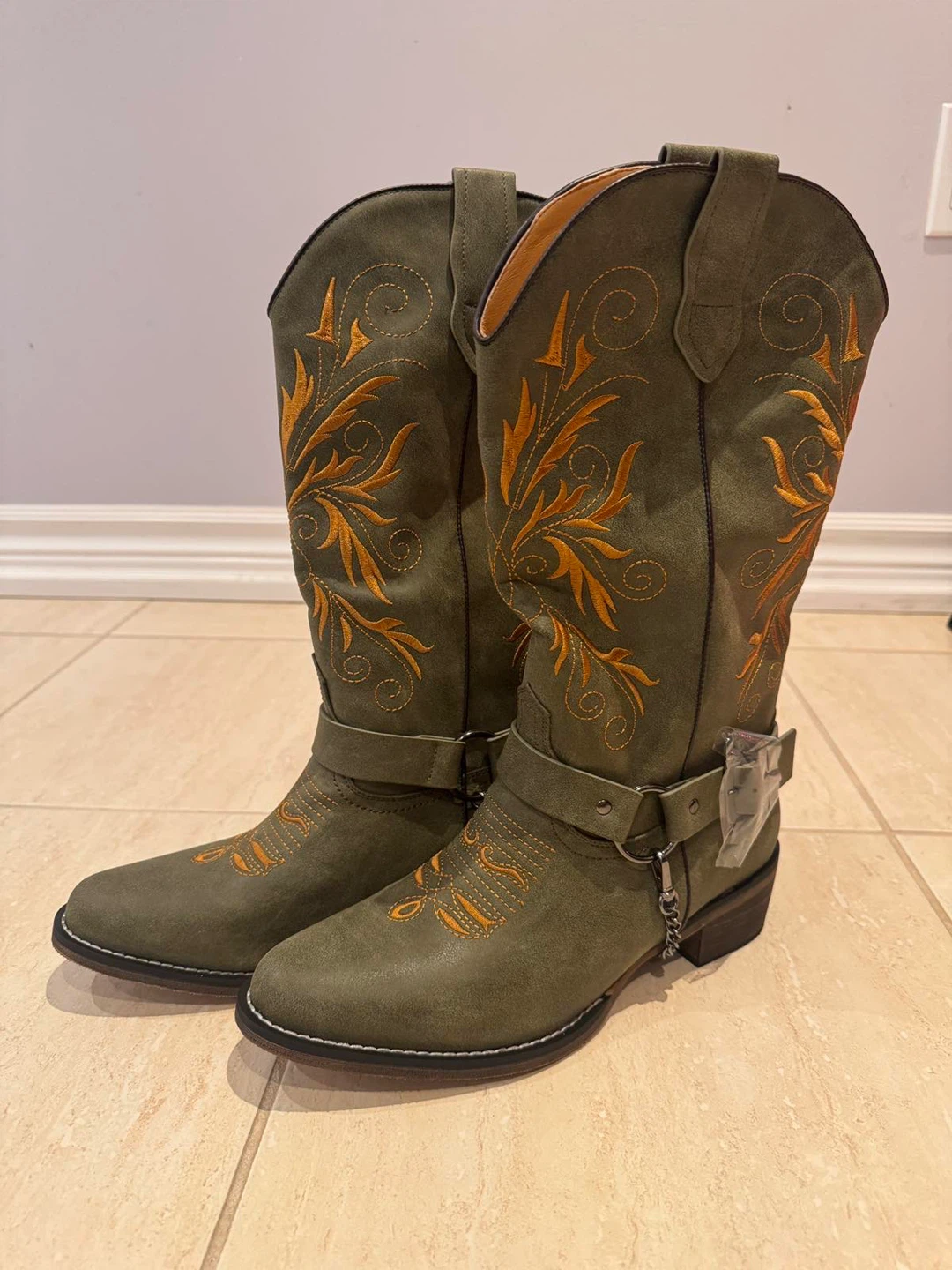 Women's Cowboy Boots - Green Suede with Orange Stitching