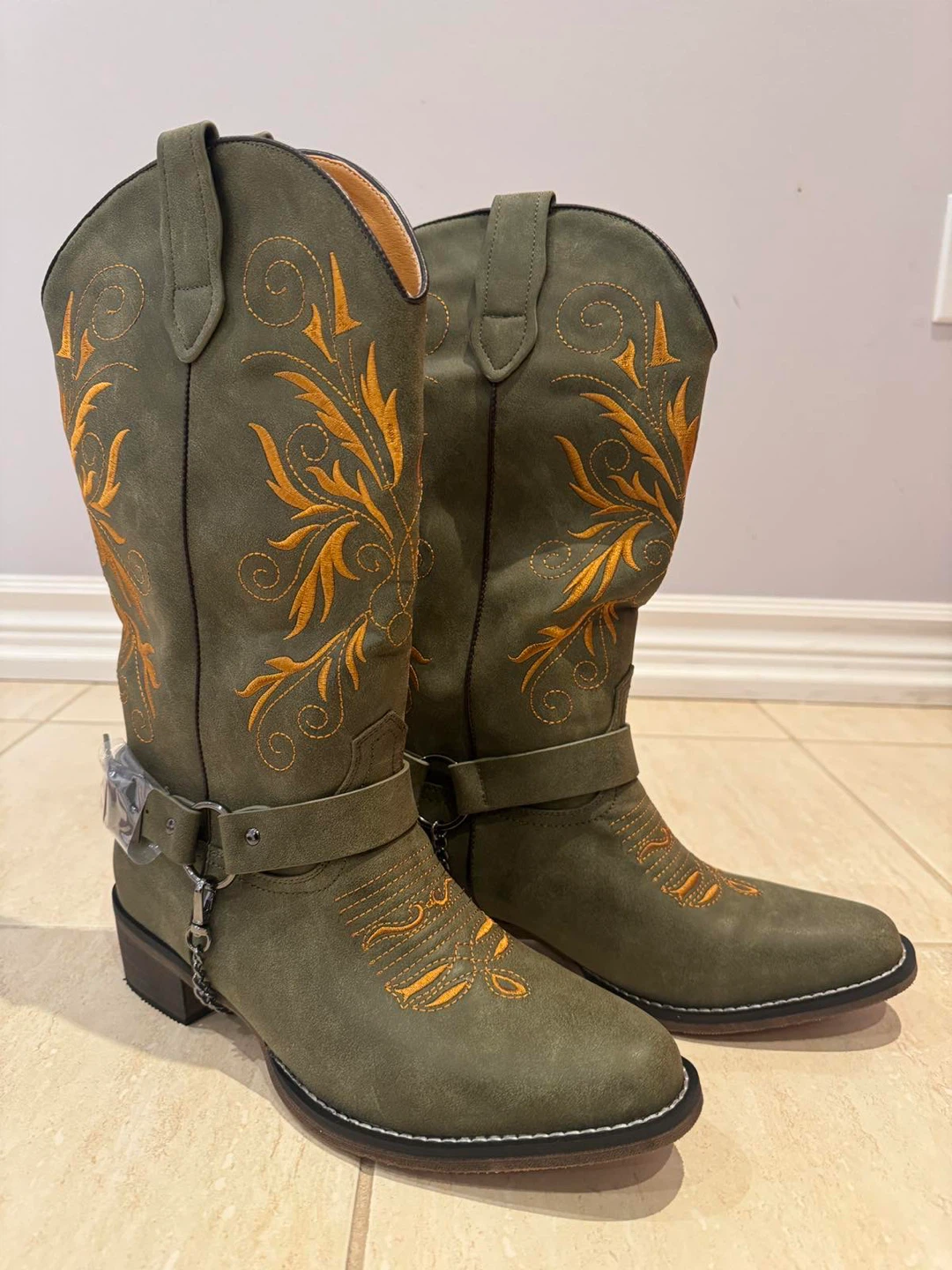Women's Cowboy Boots - Green Suede with Orange Stitching - photo 3