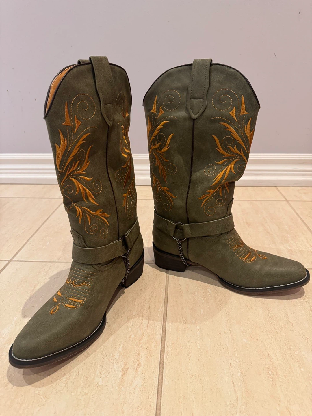 Women's Cowboy Boots - Green Suede with Orange Stitching - photo 2