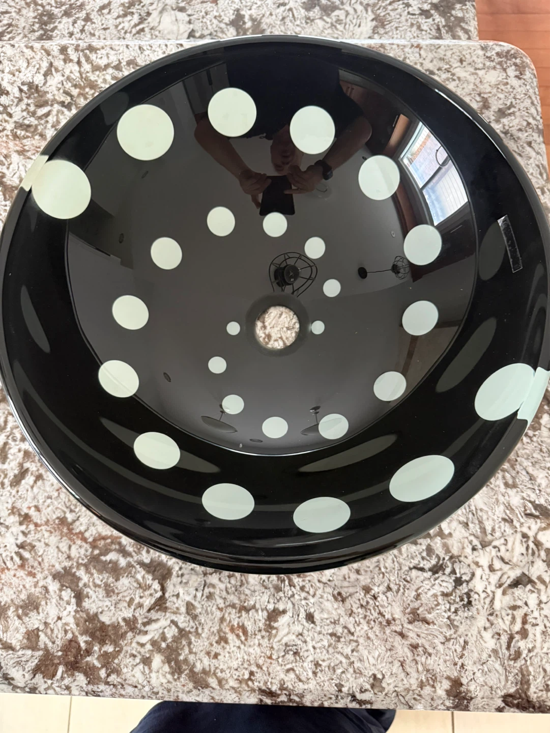 Black Vessel Sink with White Polka Dots