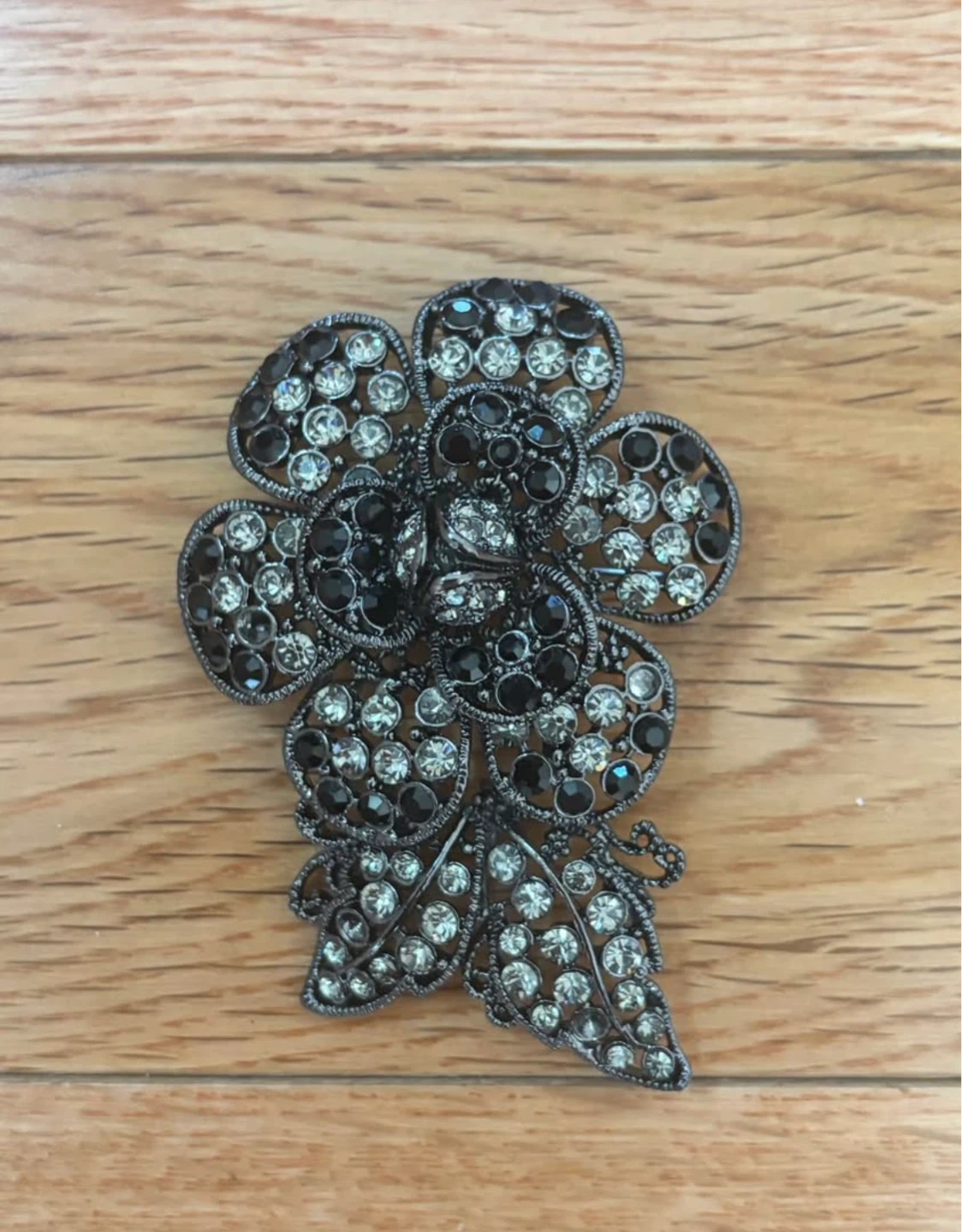 Vintage Large Gunmetal/Black & Clear Rhinestone Flower
