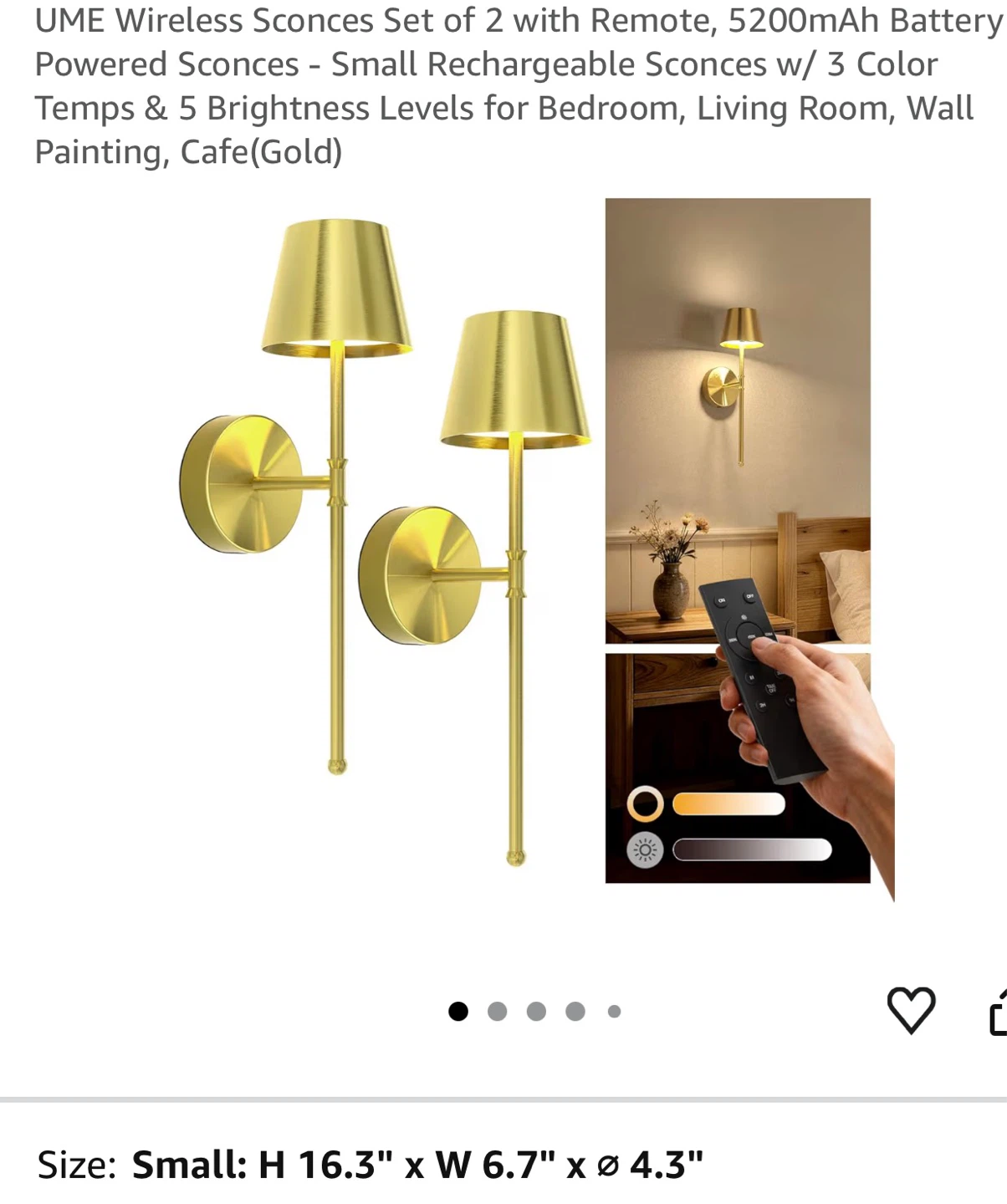 Wireless Sconces Set of 2 - Rechargeable, Gold UME3