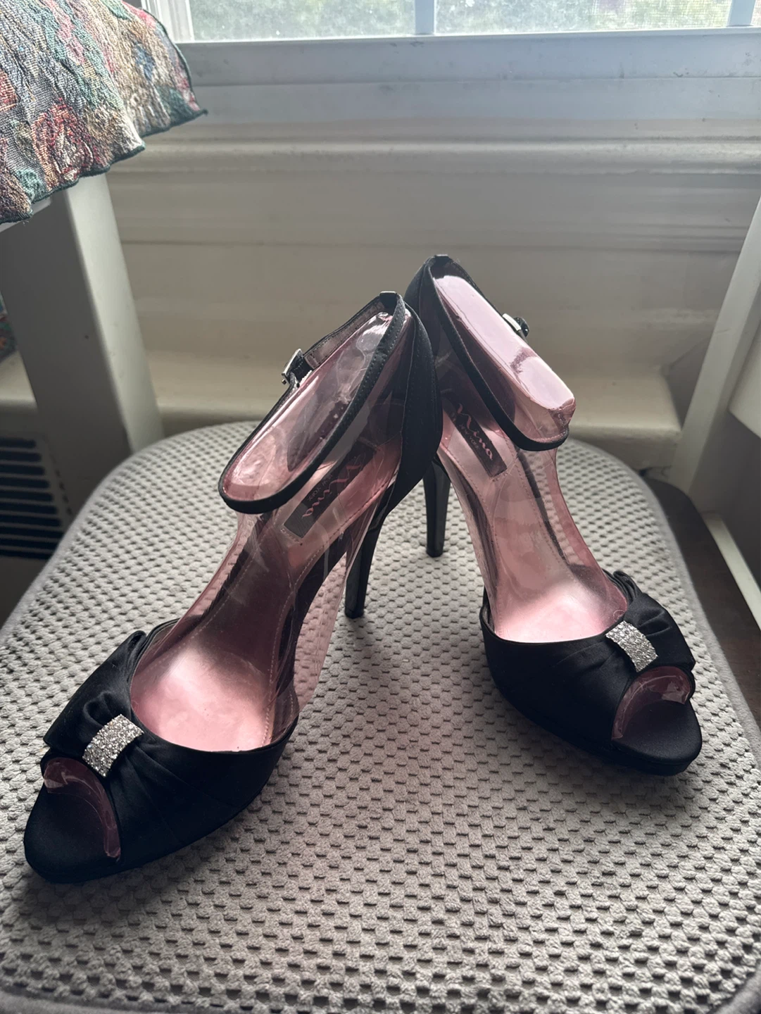 Nina Women's Black Satin Heels with Bow Accent