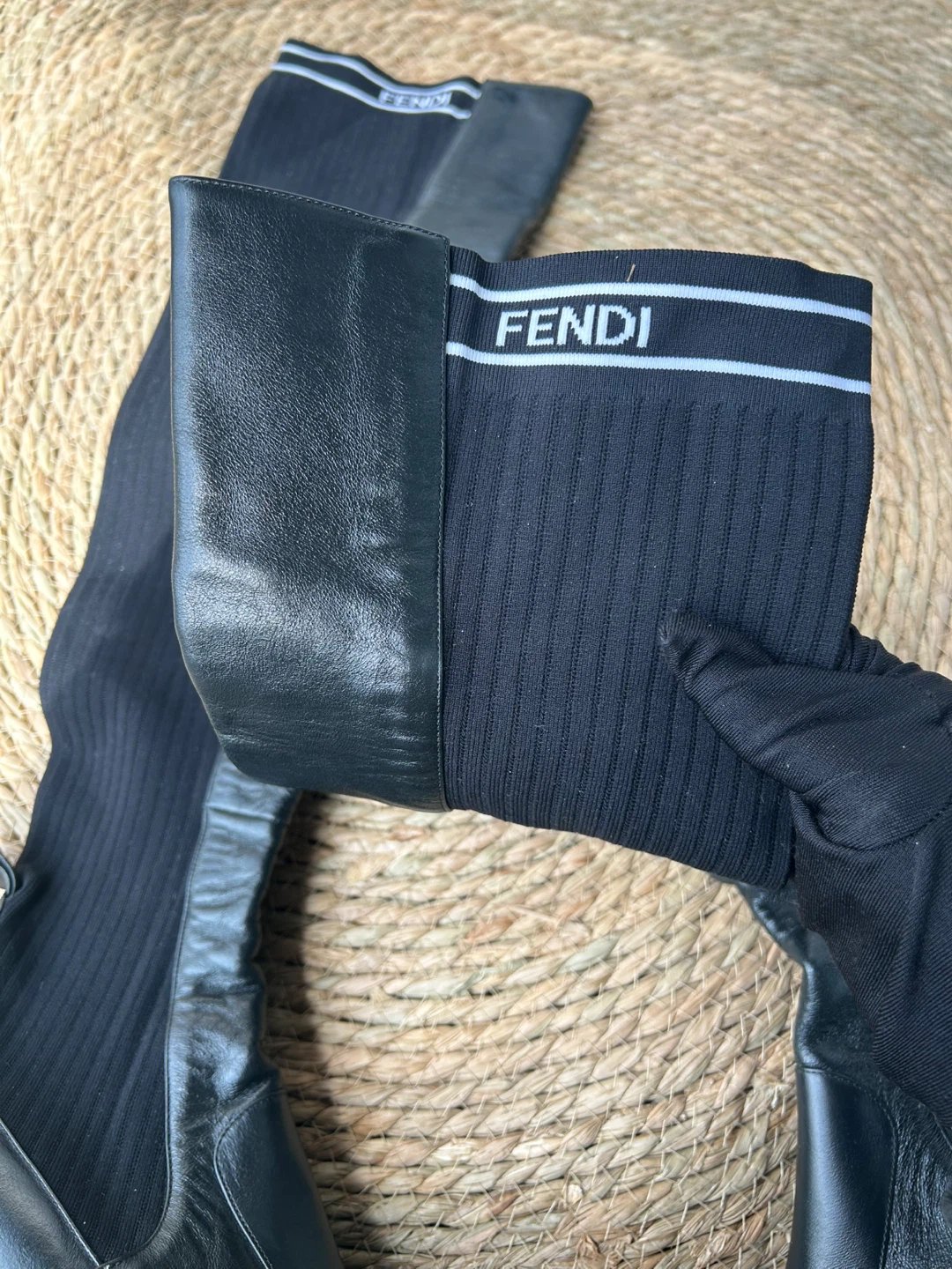 Fendi Black Leather & Knit Over-the-Knee Boots Size 38 - photo 2