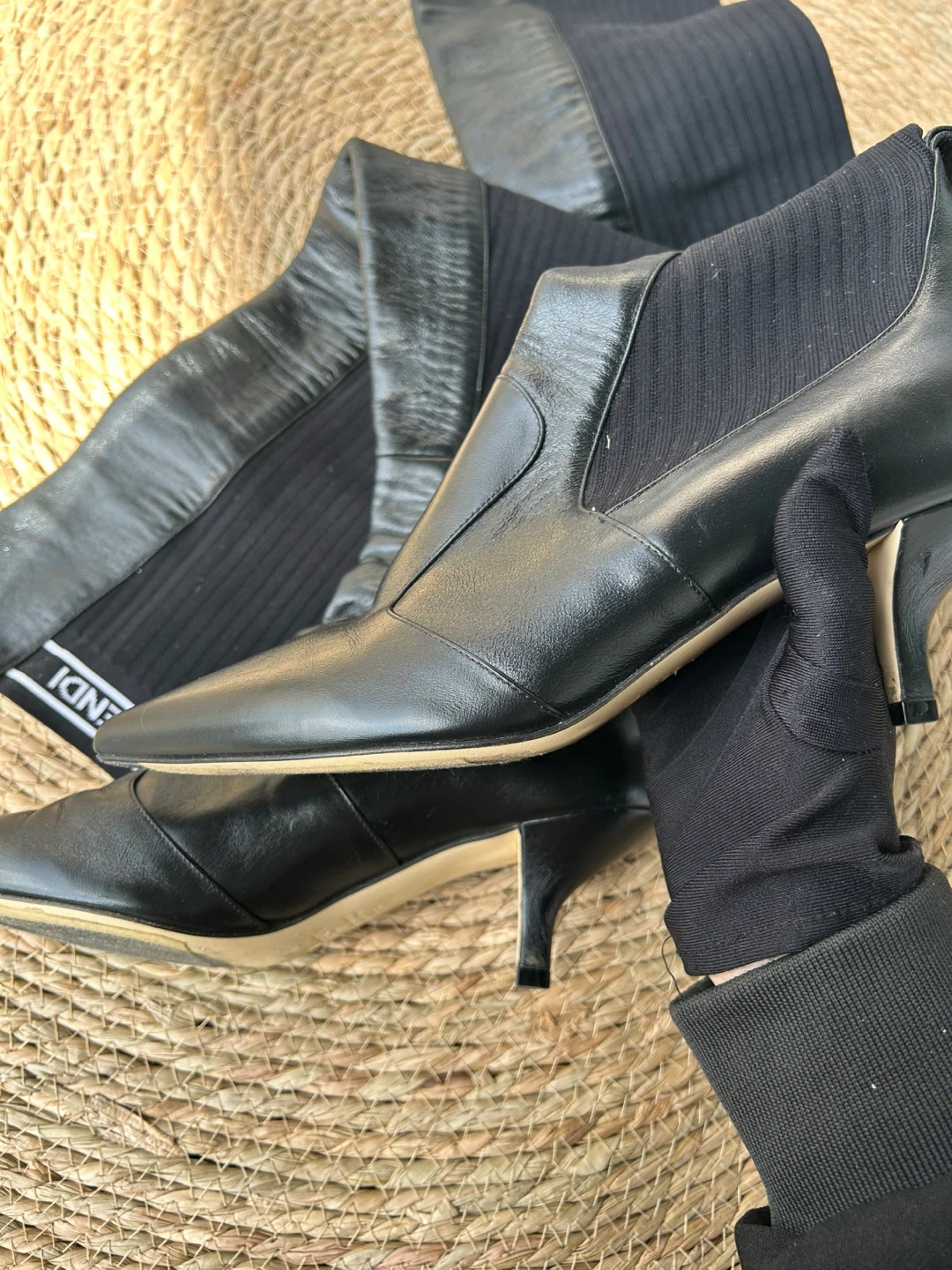 Fendi Black Leather & Knit Over-the-Knee Boots Size 38 - photo 3