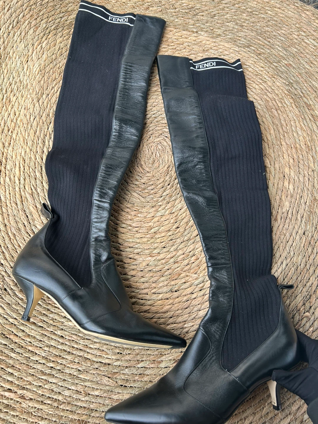 Fendi Black Leather & Knit Over-the-Knee Boots Size 38