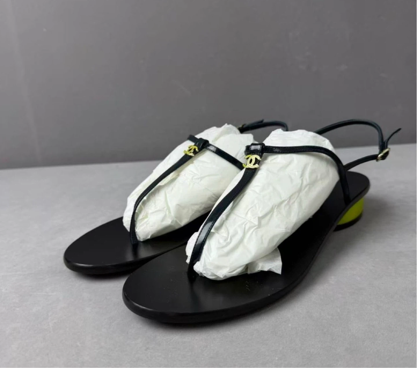 Chanel Black T-Strap Sandals with Yellow Heel Detail