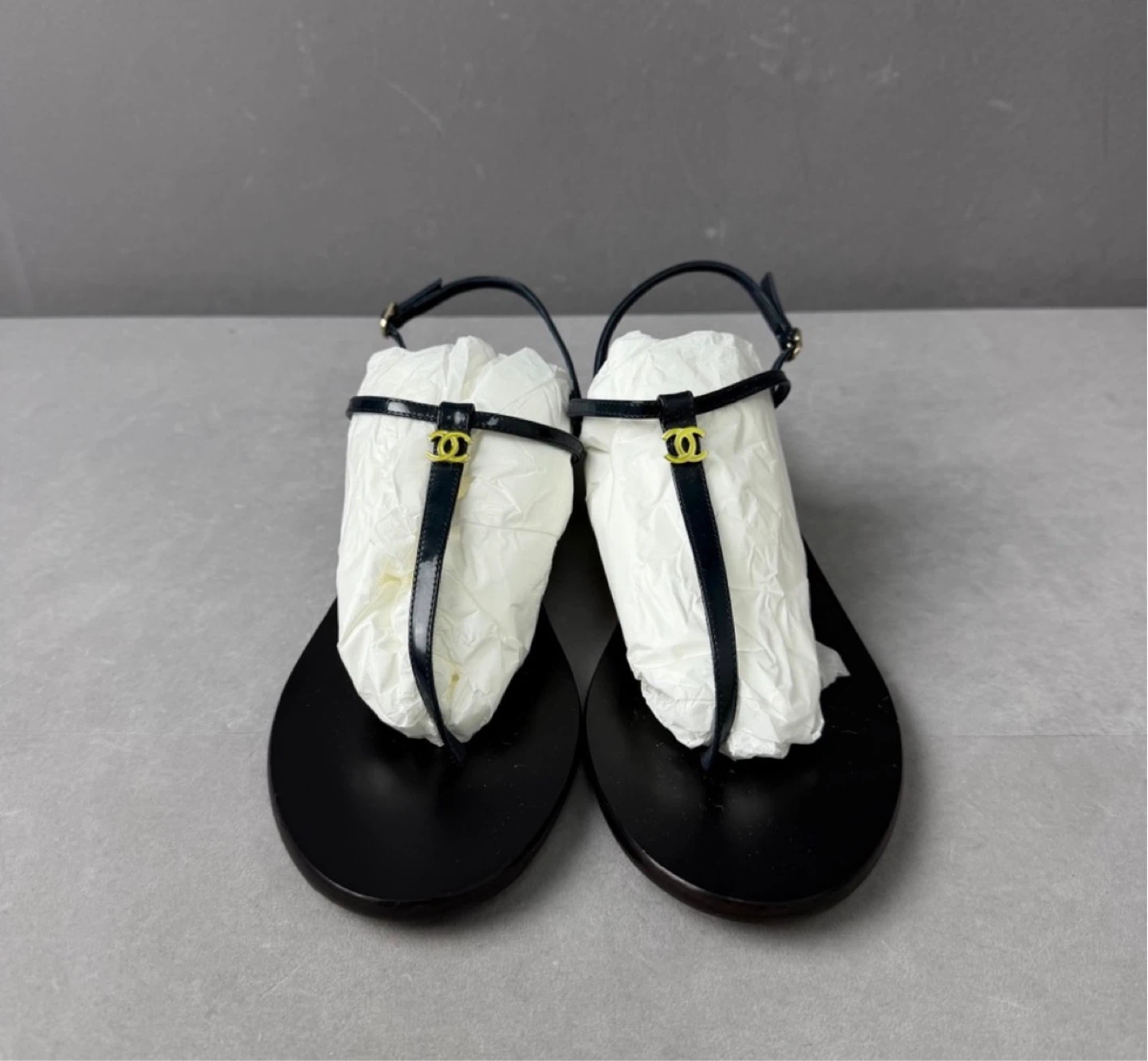 Chanel Black T-Strap Sandals with Yellow Heel Detail - photo 2