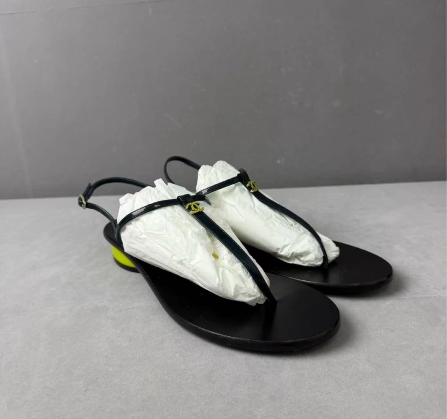 Chanel Black T-Strap Sandals with Yellow Heel Detail - photo 3