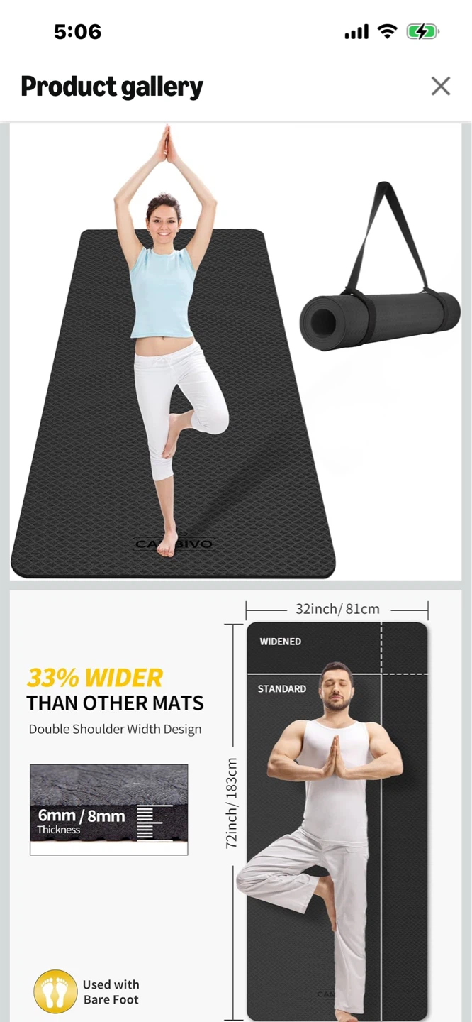 CABBIVO Yoga Mat 72" x 32" - 6mm/8mm Thick