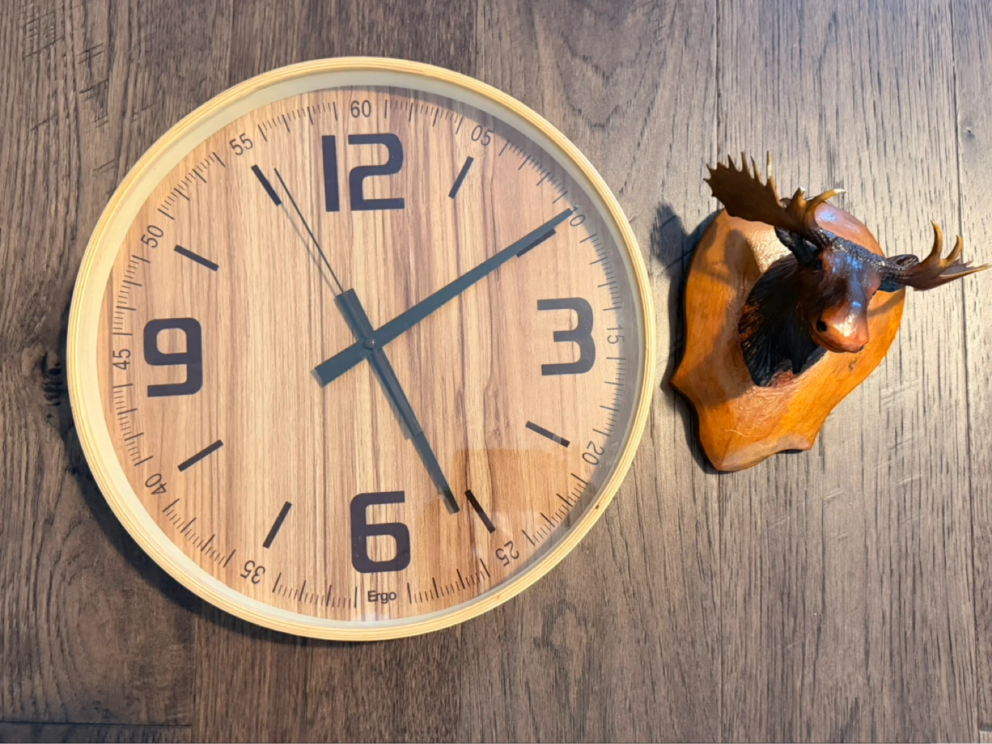 $10 for both!! Large Wooden Clock & Wooden Moose Head Wall Mount