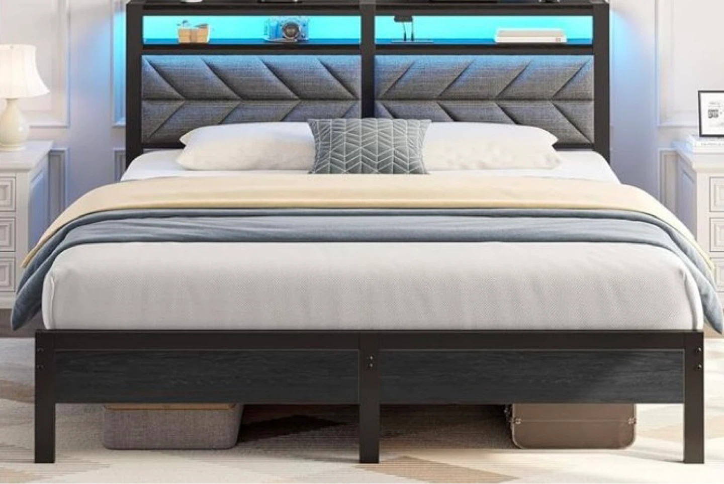 King Bed with LED Head & Storage Shelves & mattress for sale