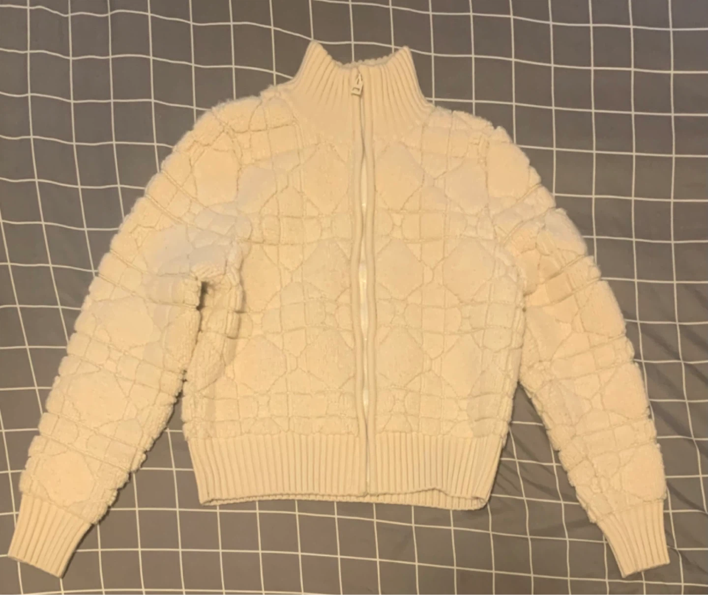 DIOR Macrocannage Zipped Cardigan -Ecru Wool-Cashmere-Blend Knit