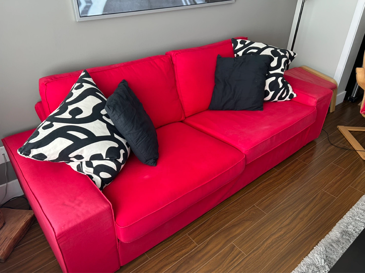 Red IKEA KIVIK Sofa with 4 Decorative Pillows