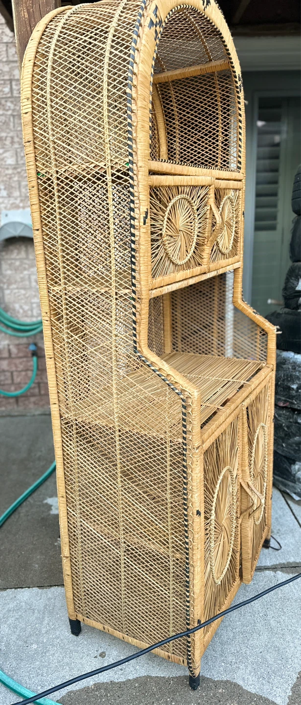 vintage wicker rattan sunburst etagere or bookshelf - photo 3