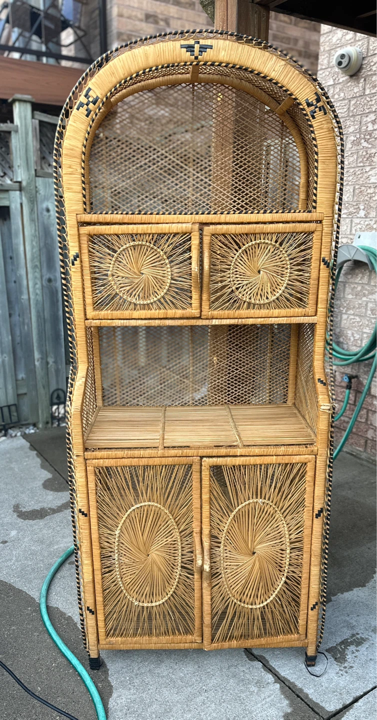 vintage wicker rattan sunburst etagere or bookshelf - photo 2
