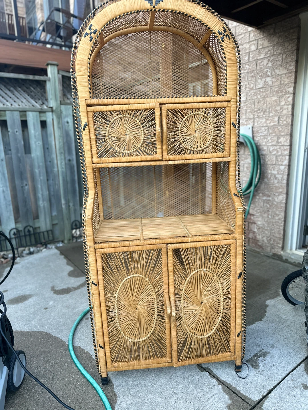 vintage wicker rattan sunburst etagere or bookshelf