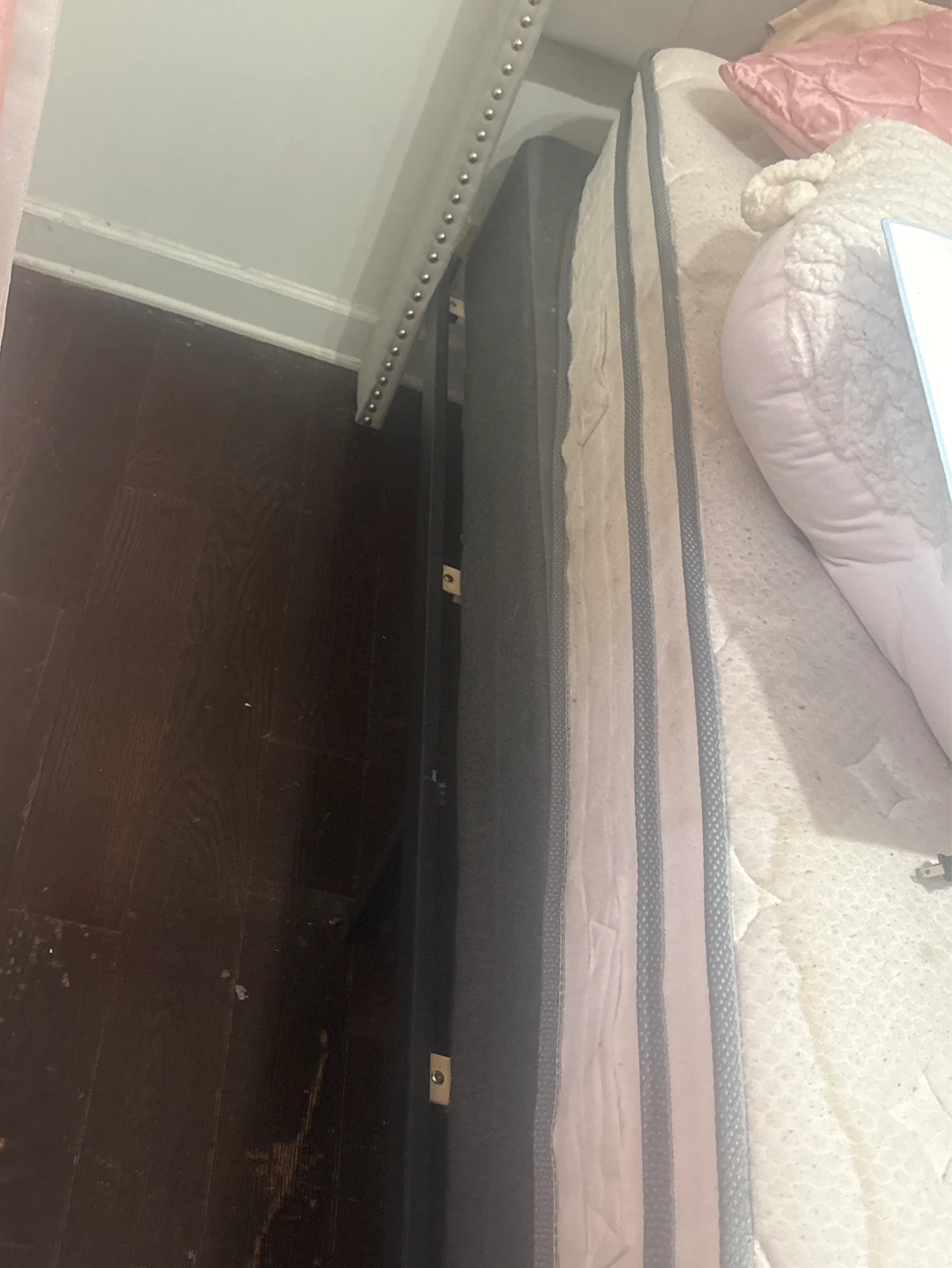 Queen bed frame and stained mattress and box spring - photo 2