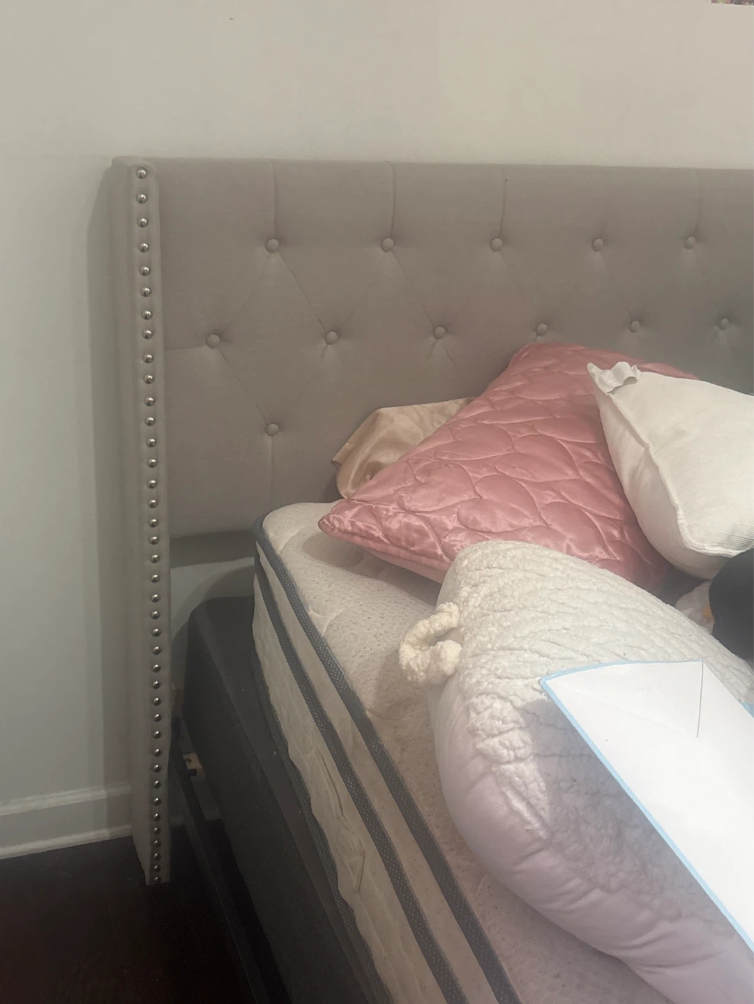 Queen bed frame and stained mattress and box spring
