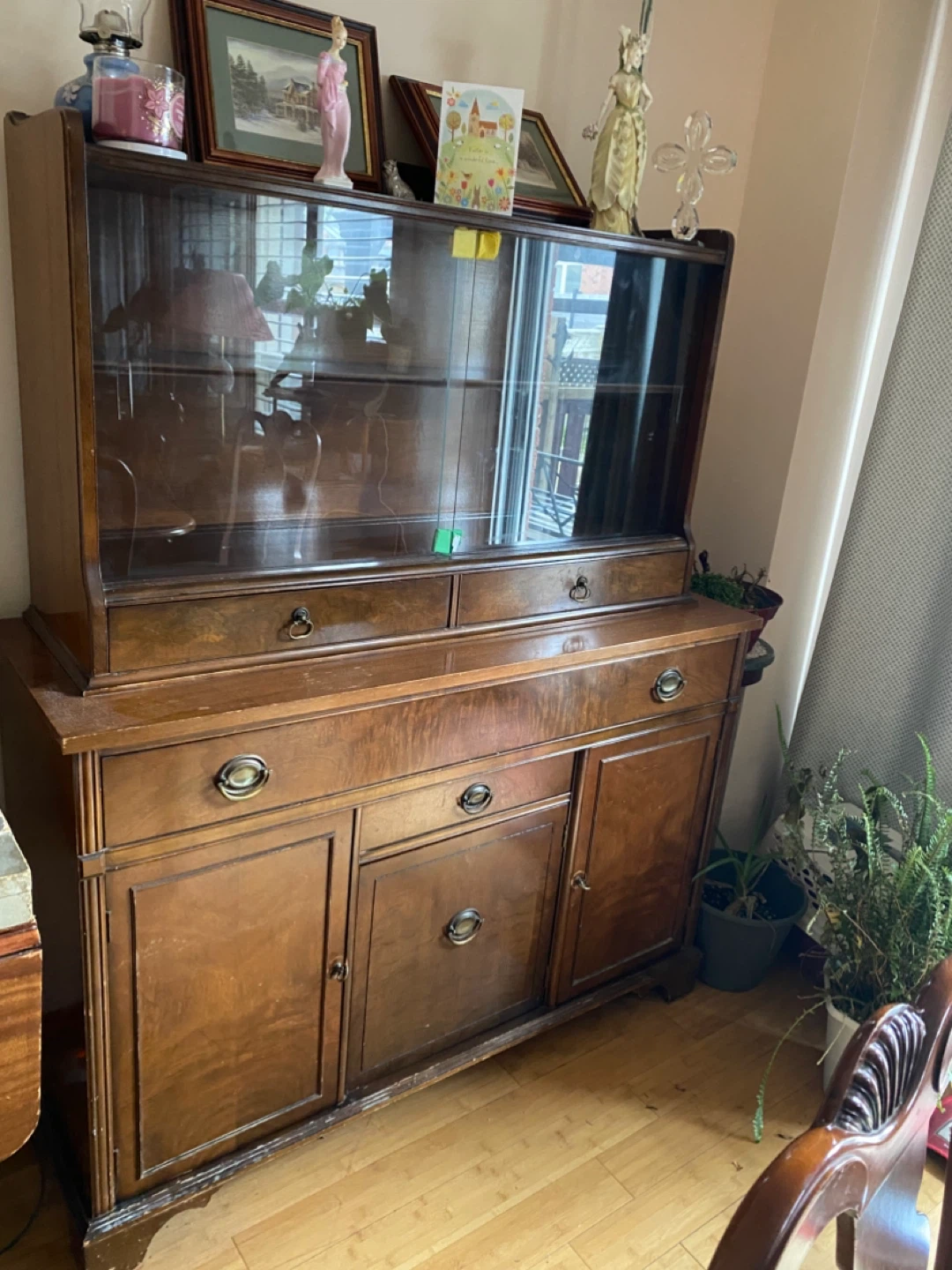 Antique Wooden China Cabinet with Glass Doors