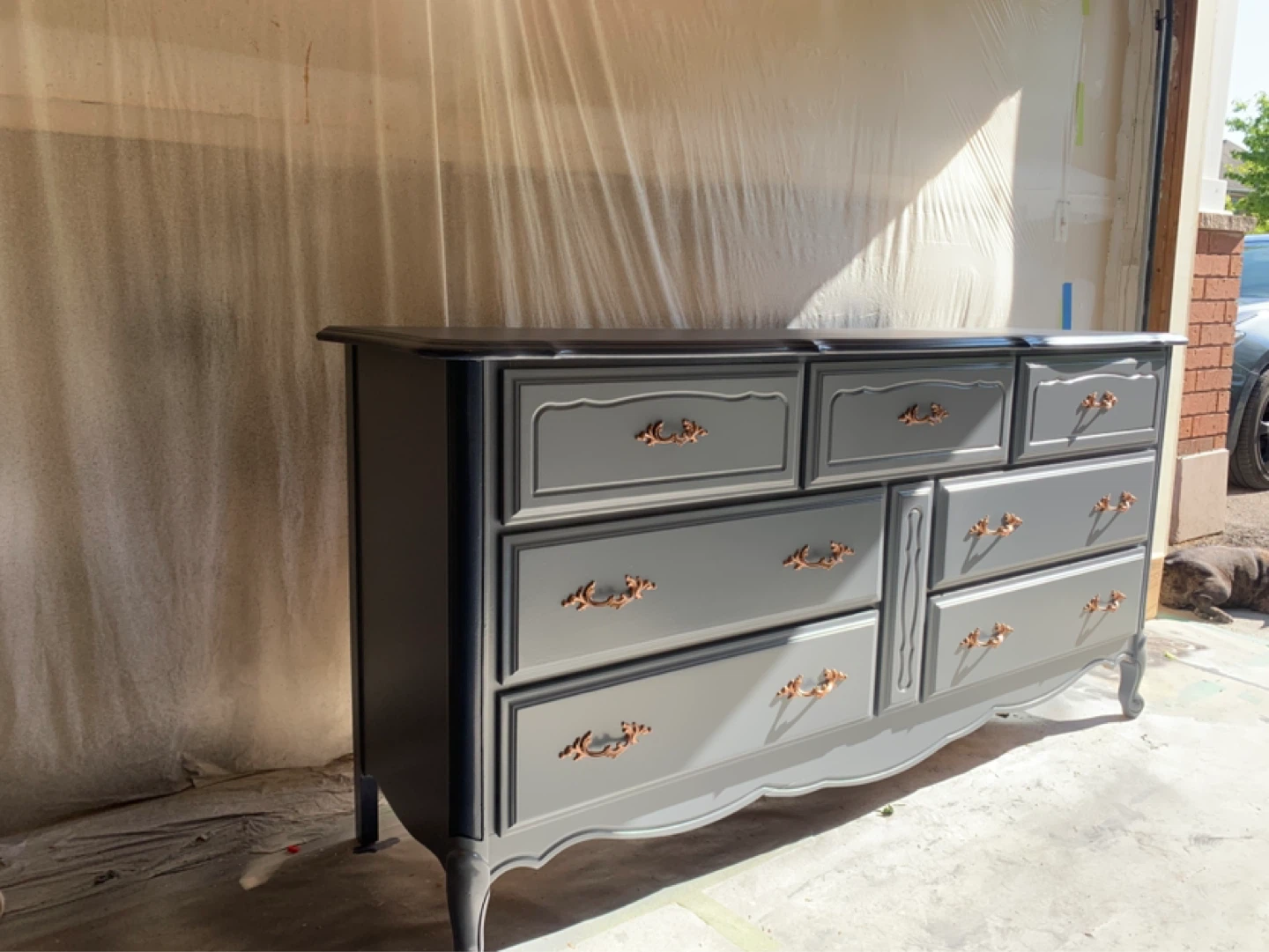 Grey Dresser with Ornate Handles