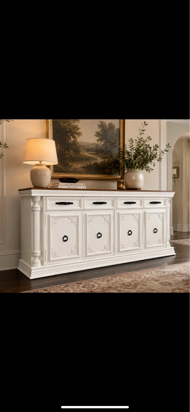White buffet with 5 drawers and cabinets