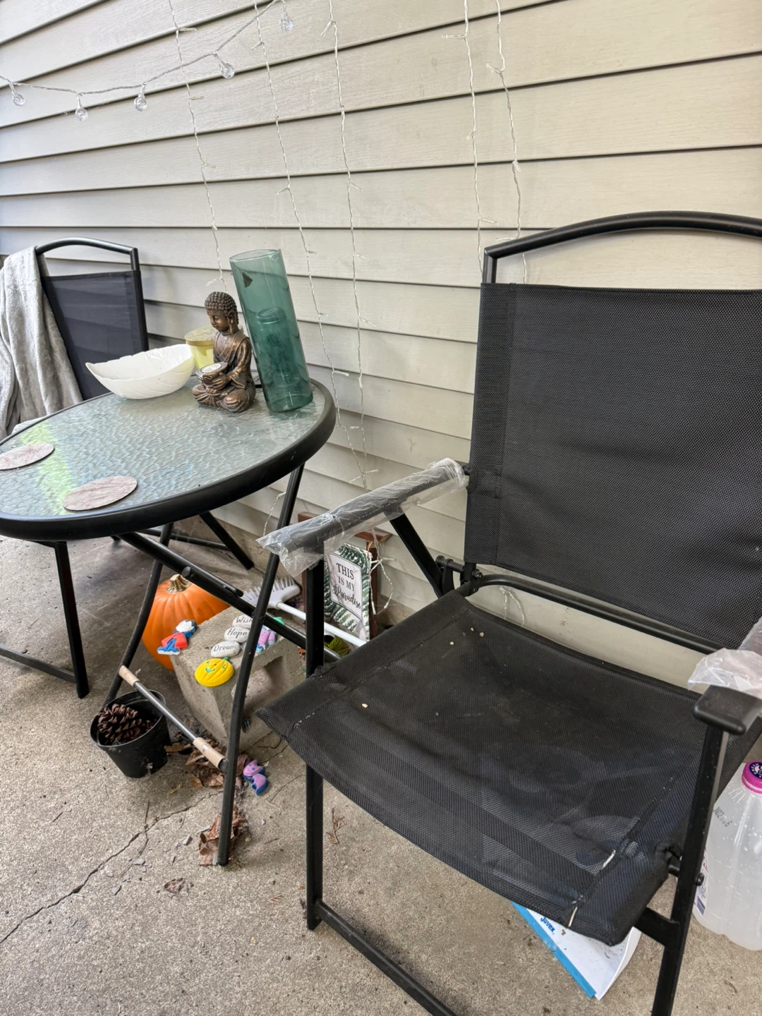 Black Metal Folding Patio Set with Glass Table