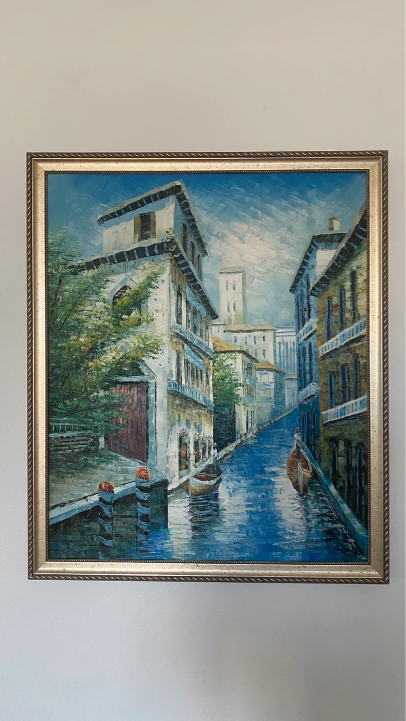 Framed Oil Painting of a Venetian Canal Scene