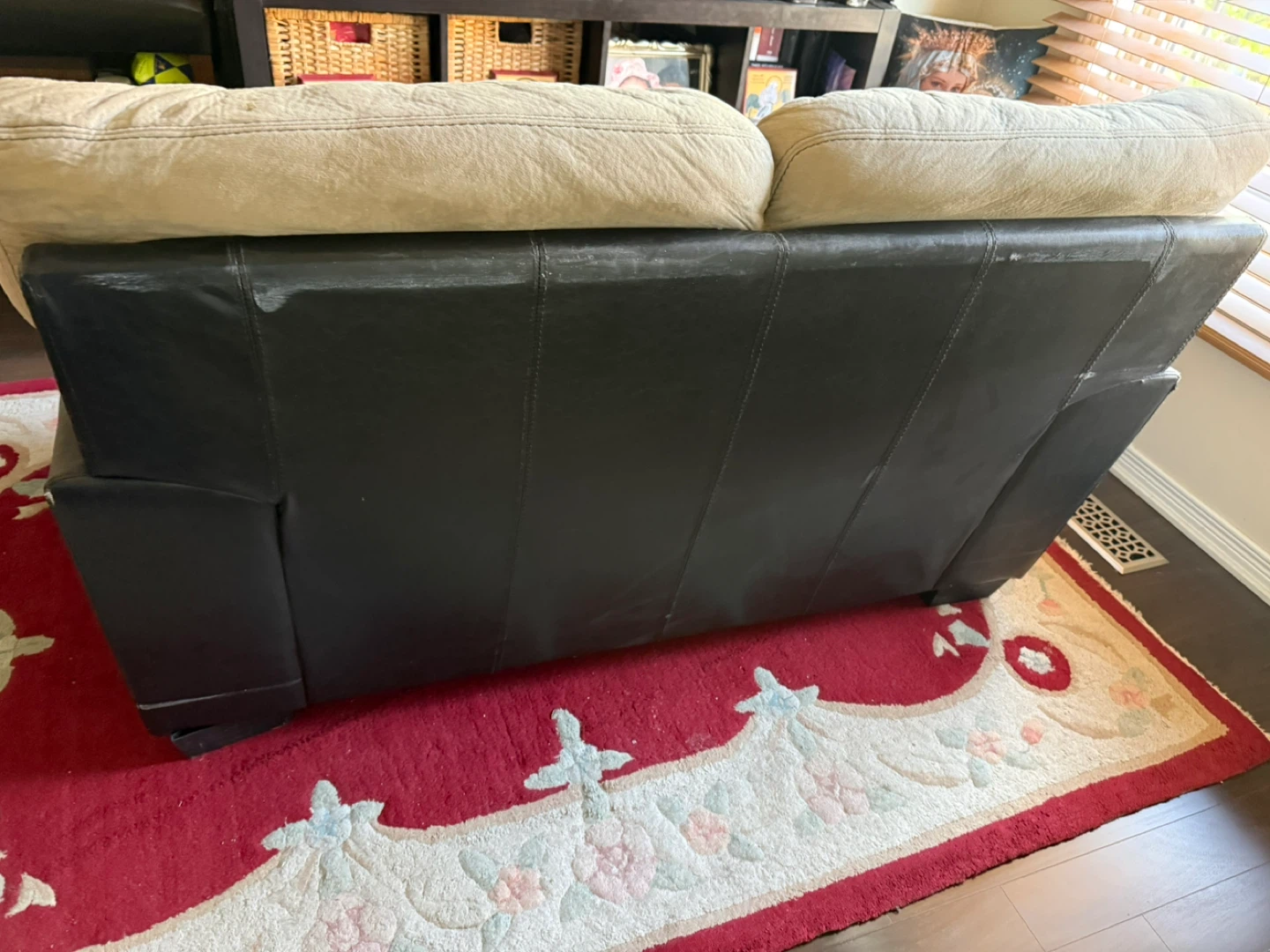 Two-Seater Sofa - Beige Suede & Black Faux Leather - photo 3