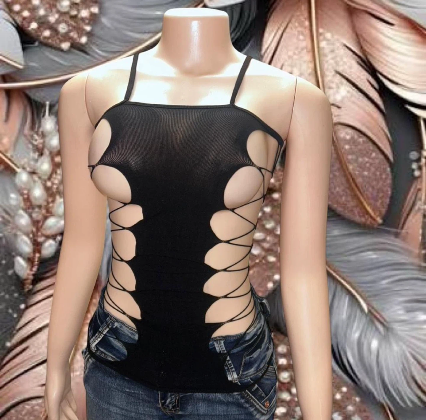 Black Cutout Lace-Up Bodysuit Top