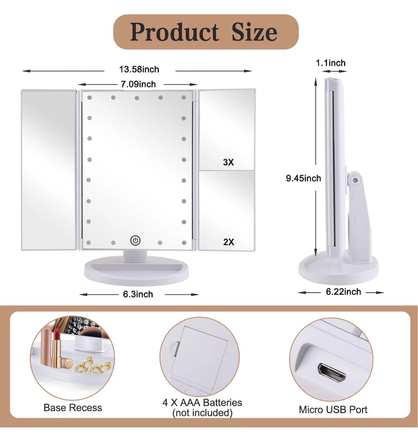 Classic Style Tri-Fold Makeup Mirror with LED Lights MR2 - photo 2