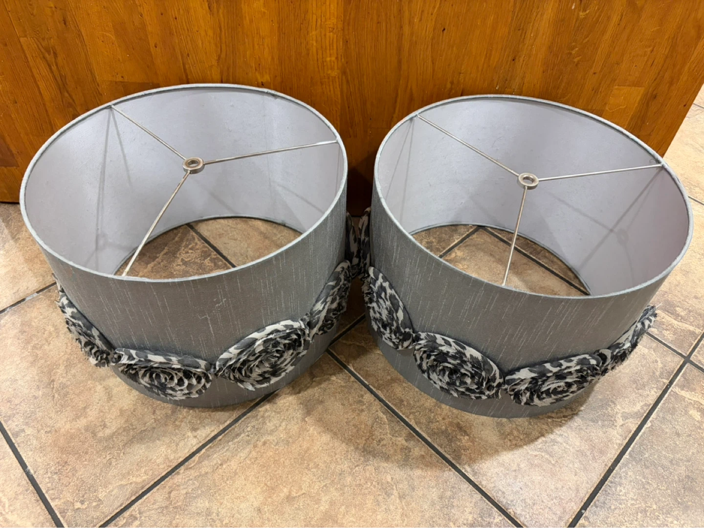 Grey Lamp Shades with Floral Trim - Pair