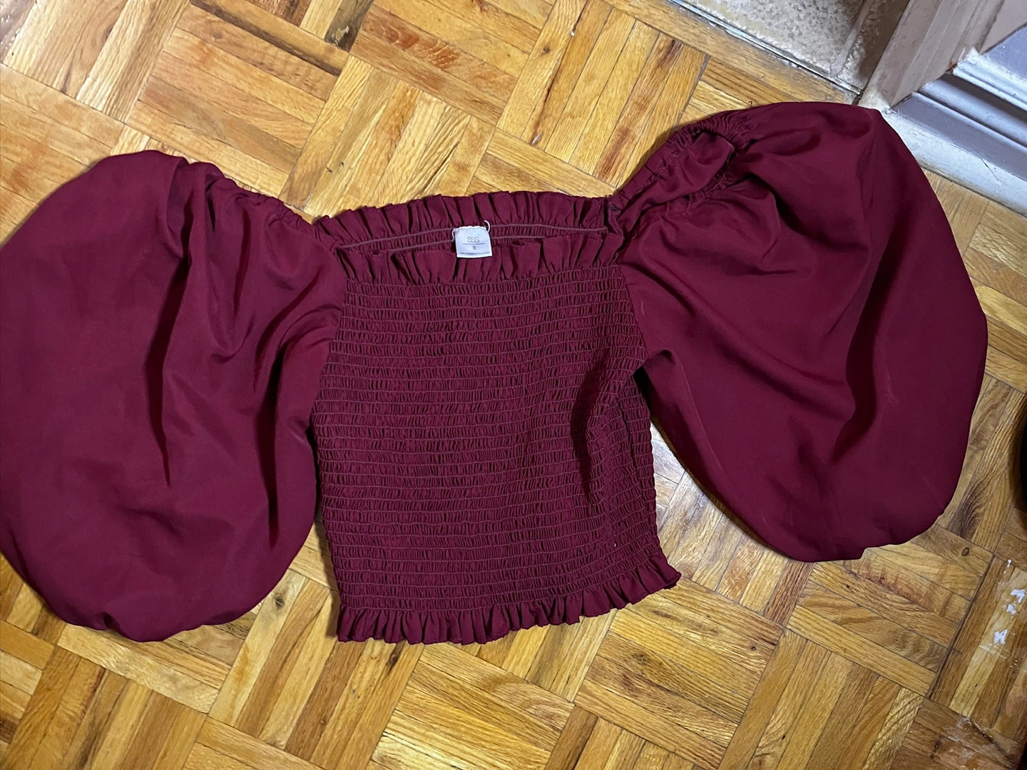 Maroon Smocked Puff Sleeve Top (S) - photo 2