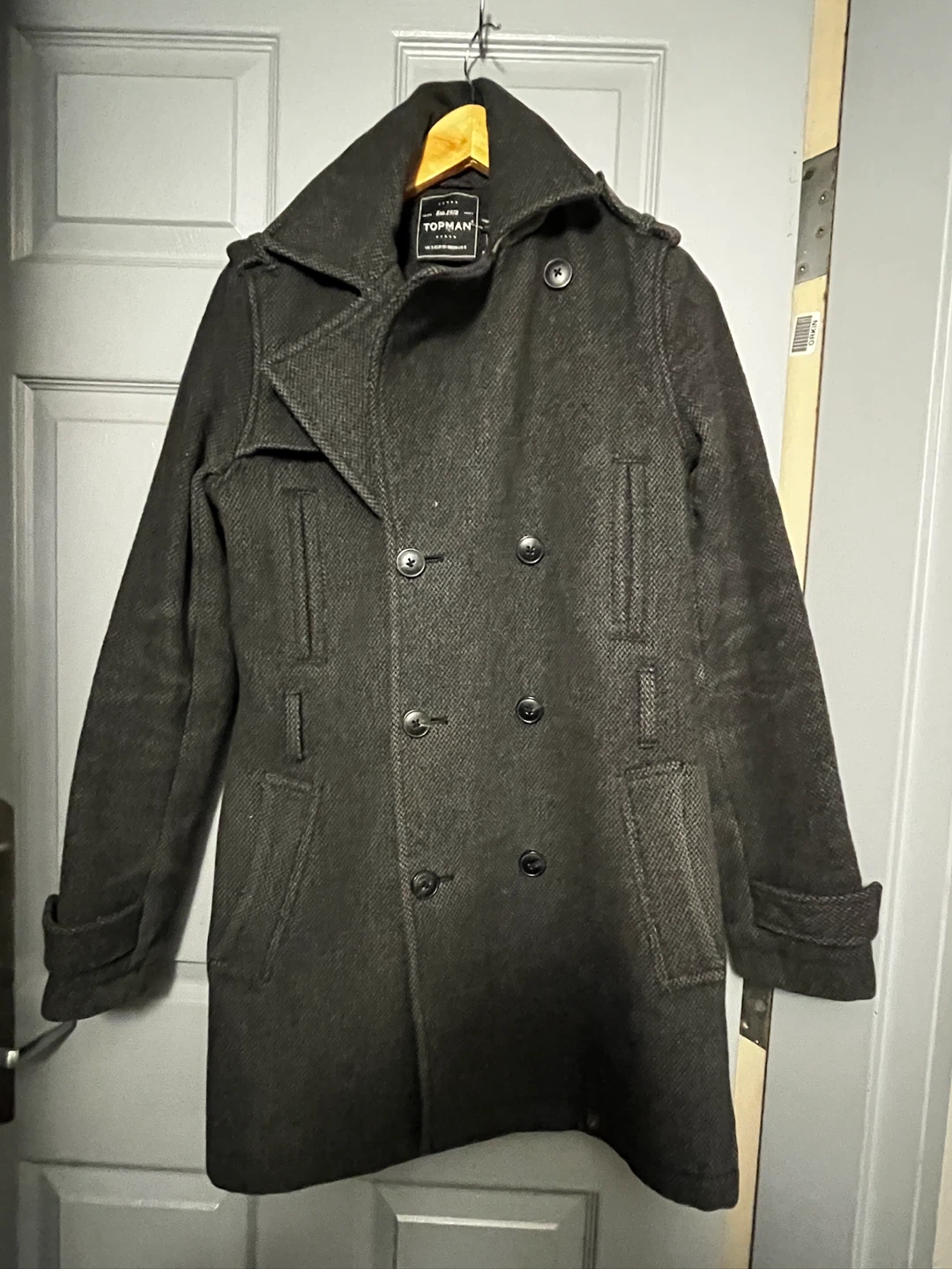 Topman Double-Breasted Wool Peacoat - Charcoal Grey (S)
