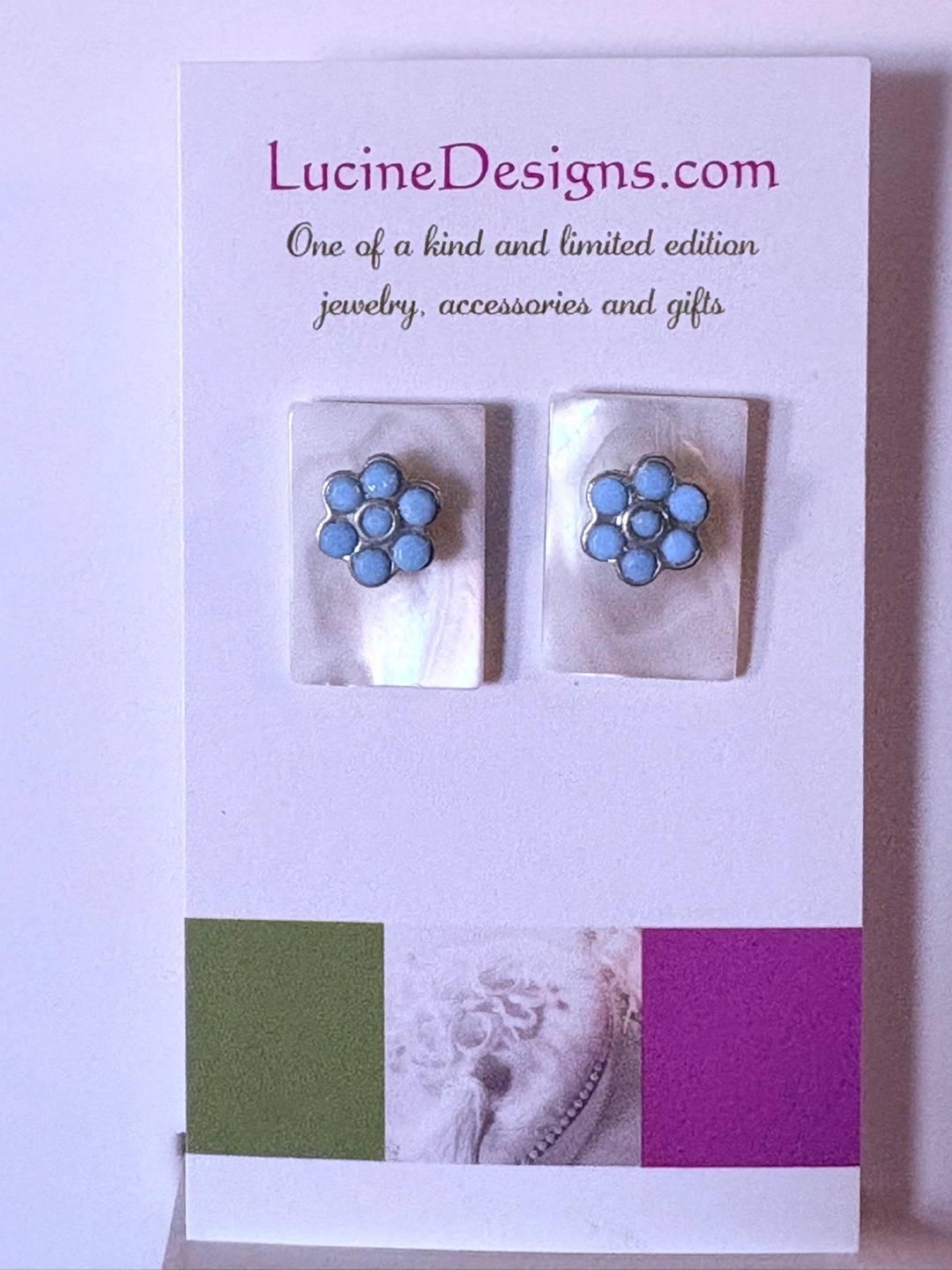 Lucine Designs MOP and Blue floral Earrings