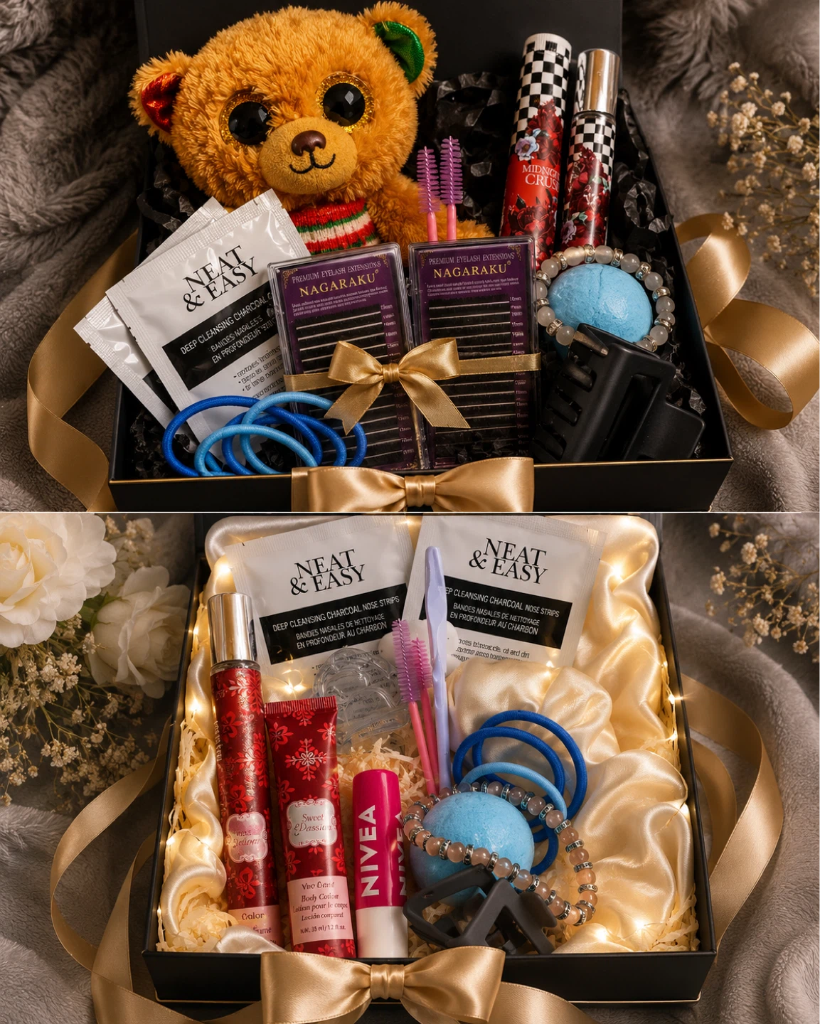 Gift Box with Teddy Bear, Cosmetics, and Accessories