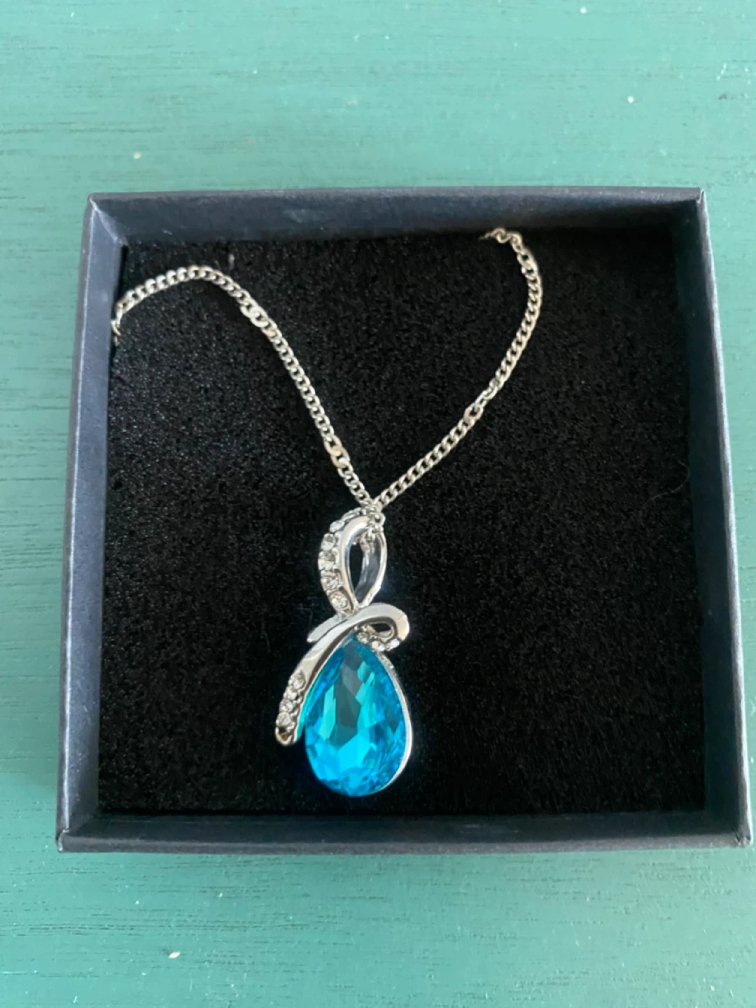 Teardrop Blue Crystal Pendant Necklace with Silver Chain