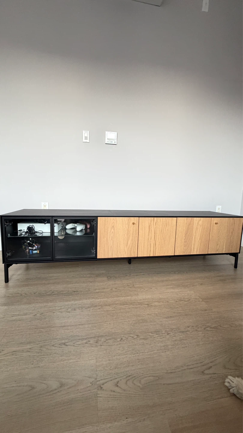 Media Console Cabinet with Wood Doors and Glass Sections