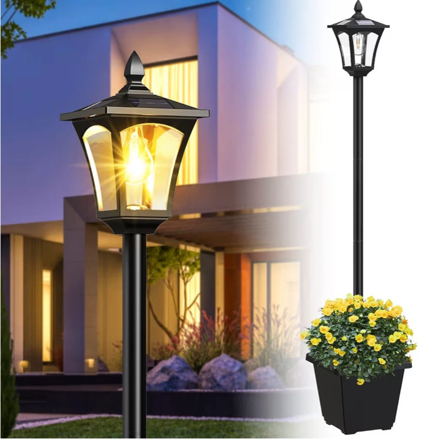 Brand new lamp post with solar light and plant box