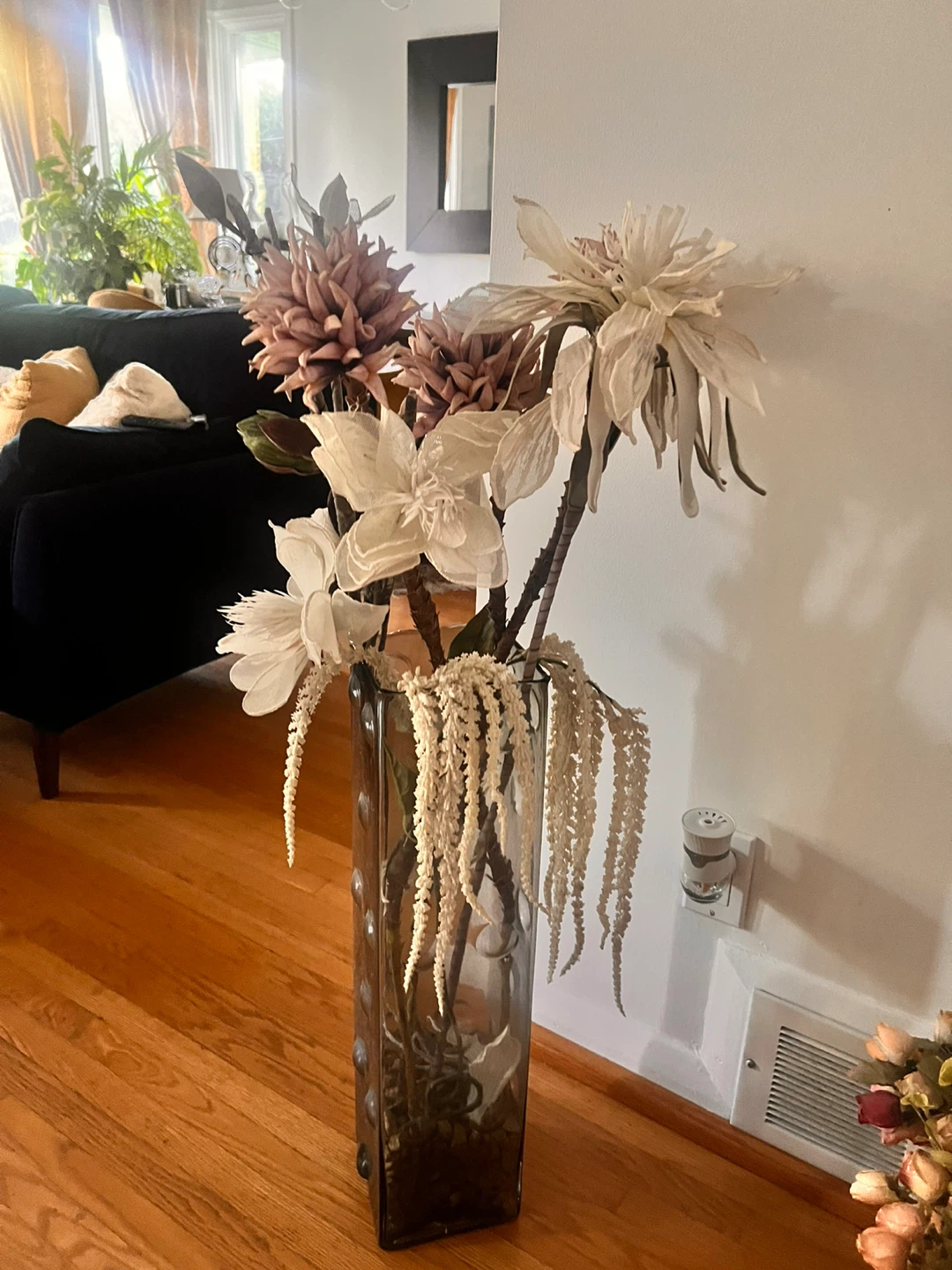 Tall Square Vase with Artificial Flowers