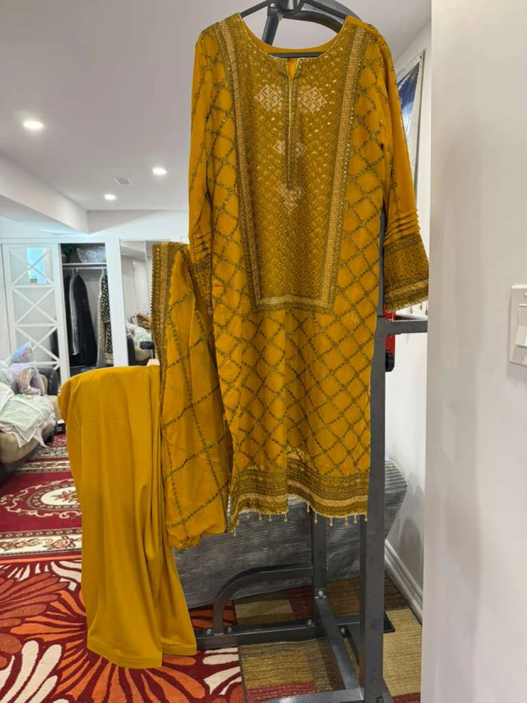 Yellow Kurti and Pants Set with Gold Embellishments