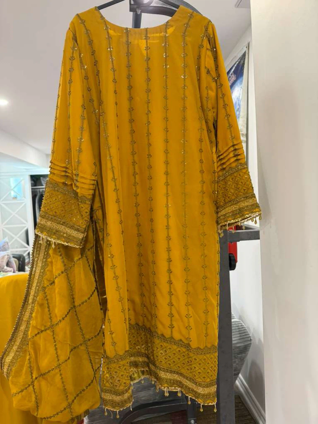 Yellow Kurti and Pants Set with Gold Embellishments - photo 2