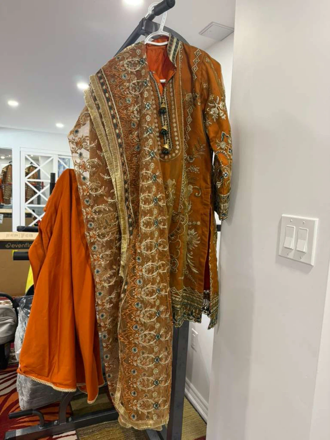 Orange Embroidered Kurti with Dupatta and Pants