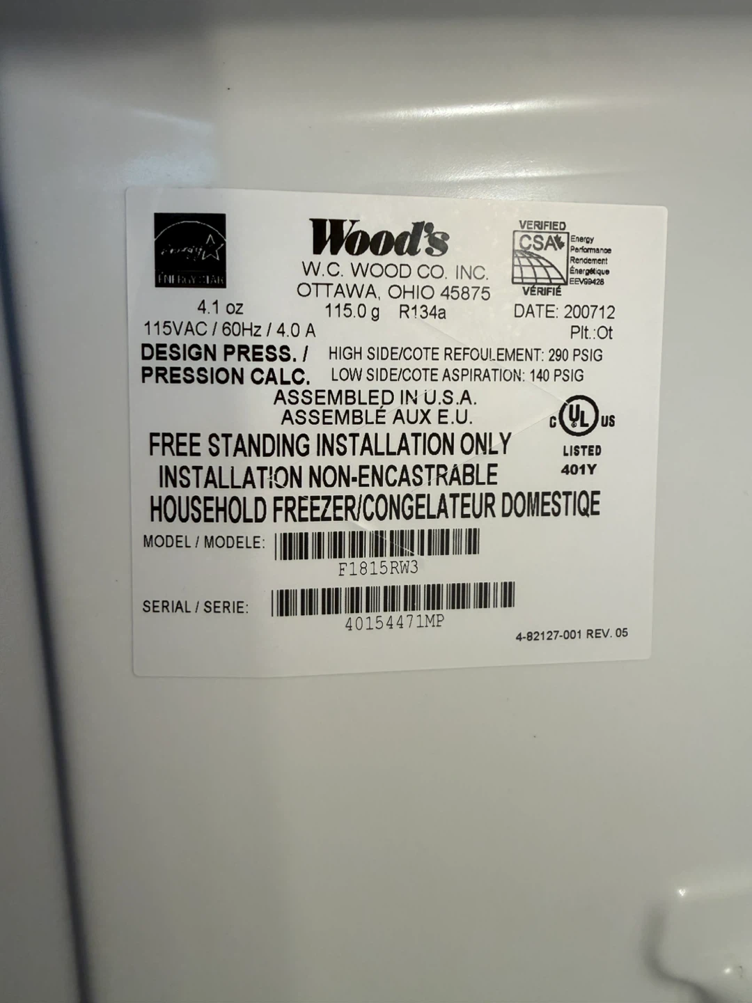 Wood's Household Freezer
