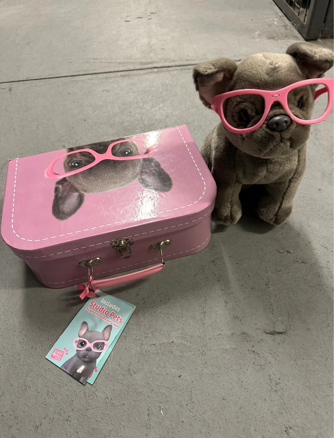 Studio Pets Plush French Bulldog with Pink Suitcase and Glasses