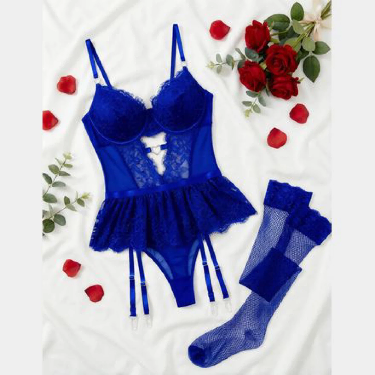 Blue Lace Teddy and Fishnet Stockings Set - photo 2